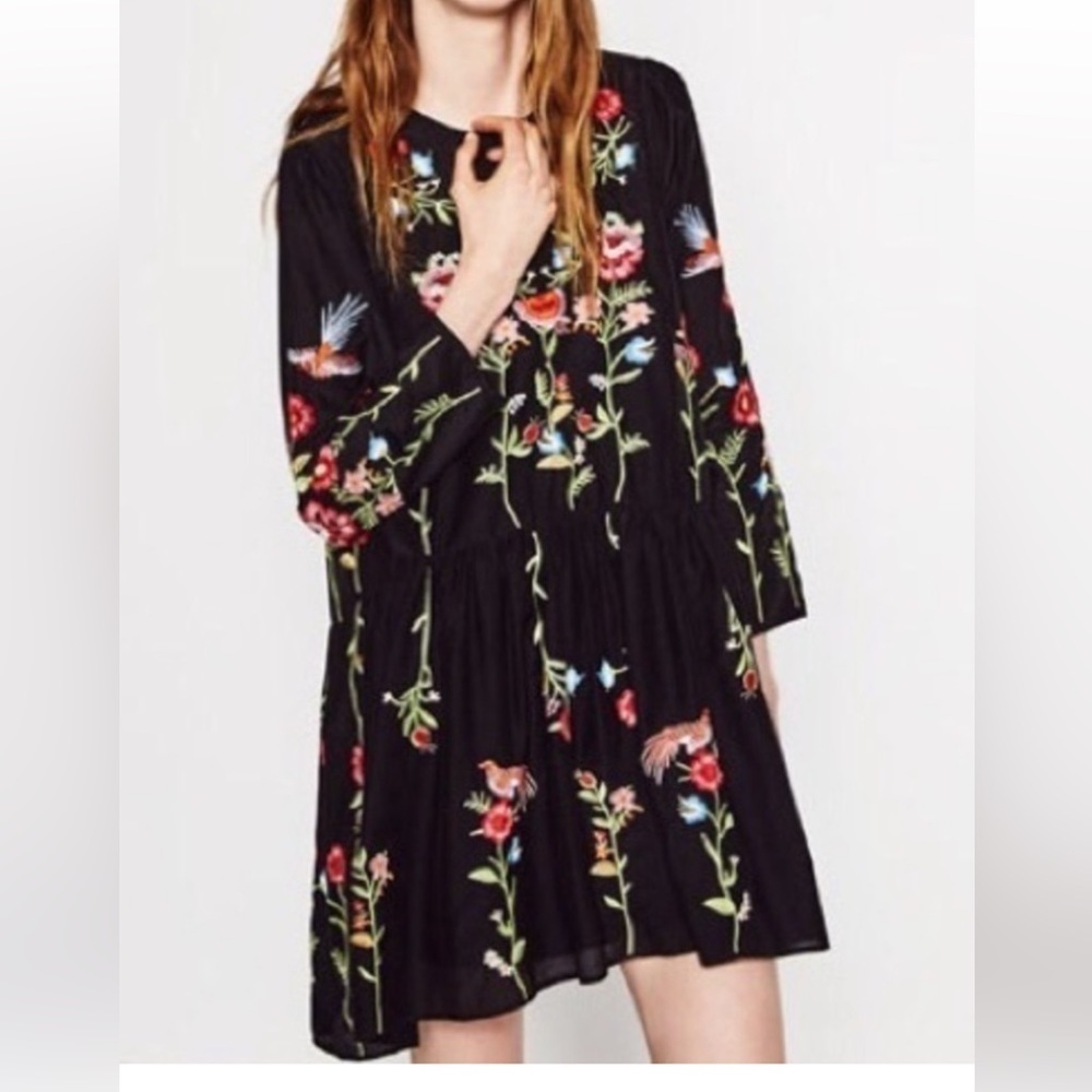 ZARA black floral embroidered dress - Picture 3 of 9